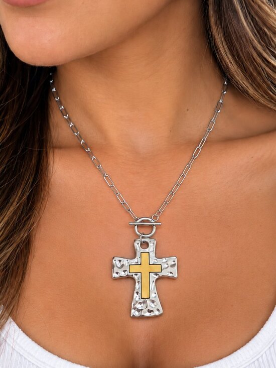 Jewelry - Two Tone Hammered Silver Gold Cross Pendant Paperclip Chain Toggle Necklace